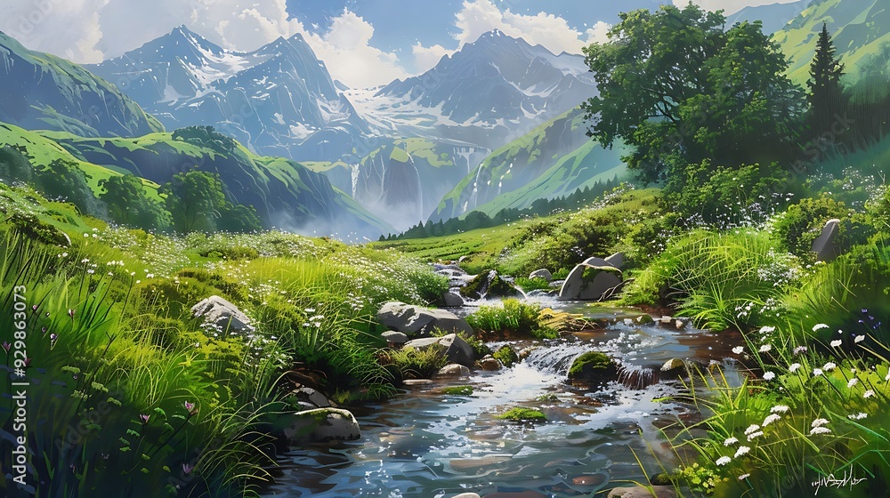 Charming creek trickling across a verdant valley with a towering backdrop Charming creek trickling across a verdant valley with a towering backdrop