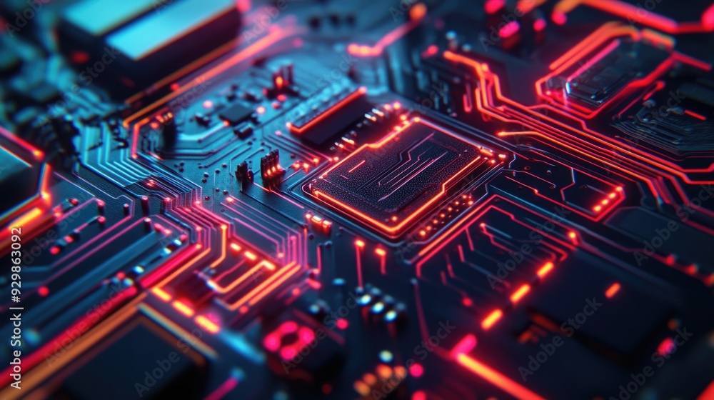 Circuit Board with Glowing Red Lines