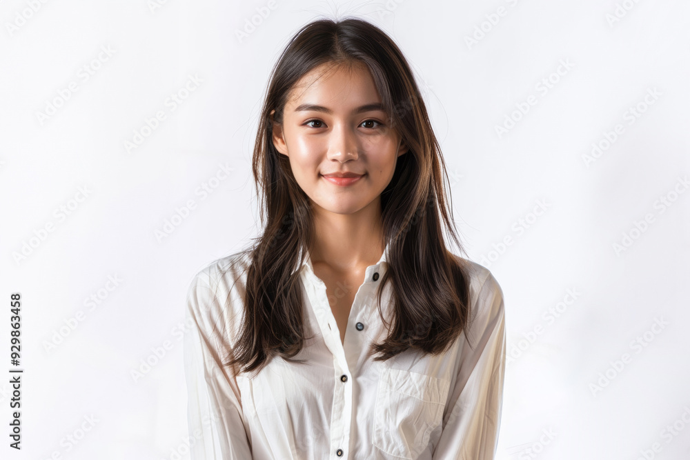 casual portrait features a young woman with straight hair and a soft smile, highlighted by a crisp white shirt and a bright, clean background. casual portrait features a young woman with straight hair and a soft smile, highlighted by a crisp white shirt and a bright, clean background.