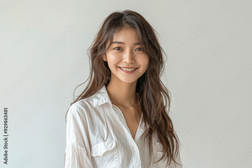 casual portrait features a young woman with straight hair and a soft smile, highlighted by a crisp white shirt and a bright, clean background. casual portrait features a young woman with straight hair and a soft smile, highlighted by a crisp white shirt and a bright, clean background.