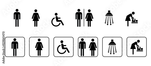 llustration WC symbols. icon set of black toilet and frame.