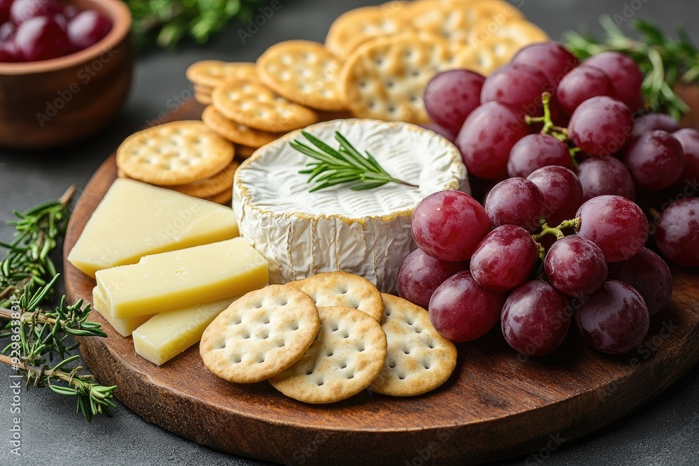 Delicious cheese board with brie grapes and crackers on wooden plate Delicious cheese board with brie grapes and crackers on wooden plate