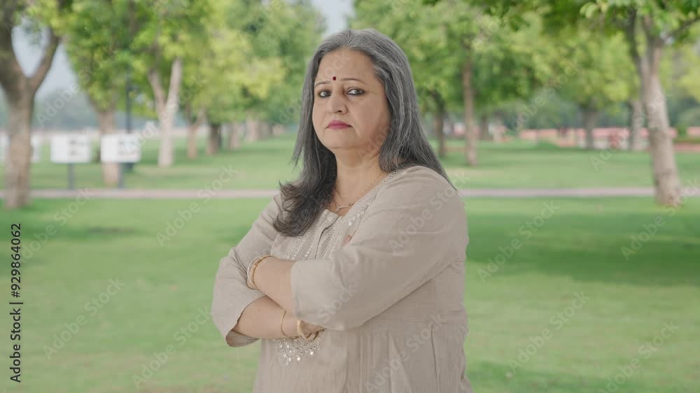 Portrait of Indian old woman standing crossed hands in park Portrait of Indian old woman standing crossed hands in park