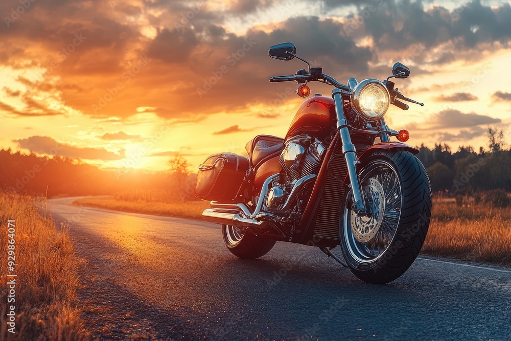 Red and chrome motorcycle standing on an empty road at sunset Red and chrome motorcycle standing on an empty road at sunset