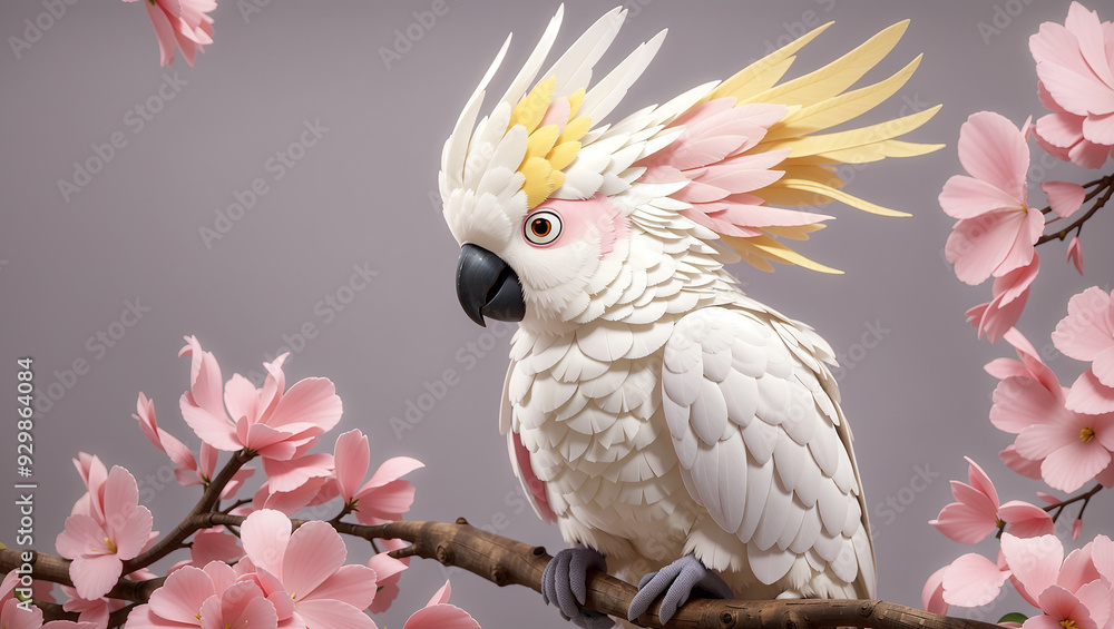 This is a picture of a white cockatoo with pink and yellow feathers. It's surrounded by pink paper flowers. This is a picture of a white cockatoo with pink and yellow feathers. It's surrounded by pink paper flowers.