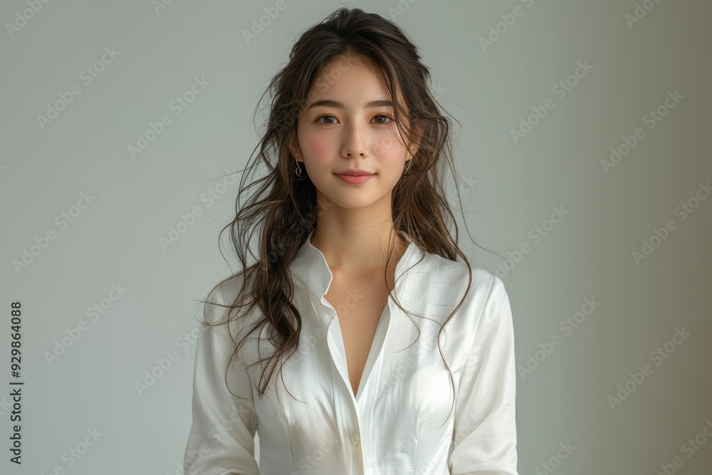 casual portrait features a young woman with straight hair and a soft smile, highlighted by a crisp white shirt and a bright, clean background. casual portrait features a young woman with straight hair and a soft smile, highlighted by a crisp white shirt and a bright, clean background.