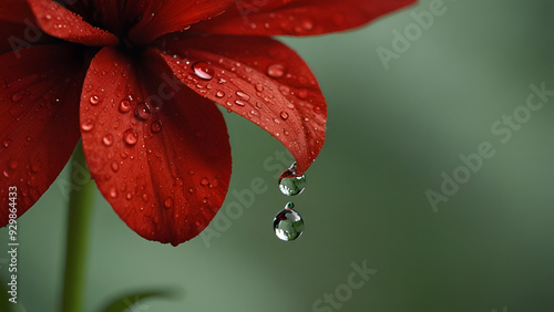  Red flower with a single droplet of water perched on its petal, highlighting its vibrant color.