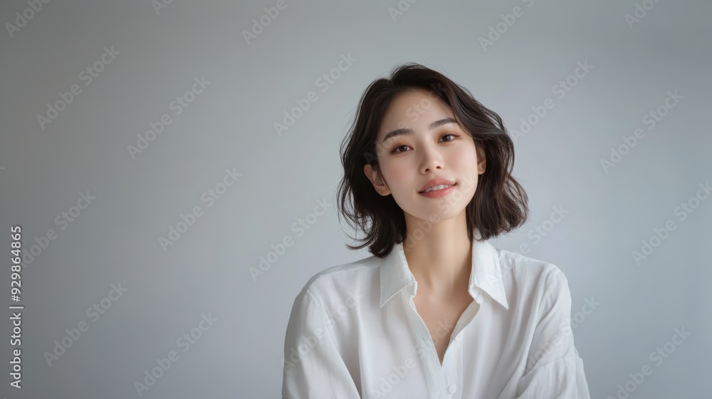 casual portrait features a young woman with straight hair and a soft smile, highlighted by a crisp white shirt and a bright, clean background. casual portrait features a young woman with straight hair and a soft smile, highlighted by a crisp white shirt and a bright, clean background.
