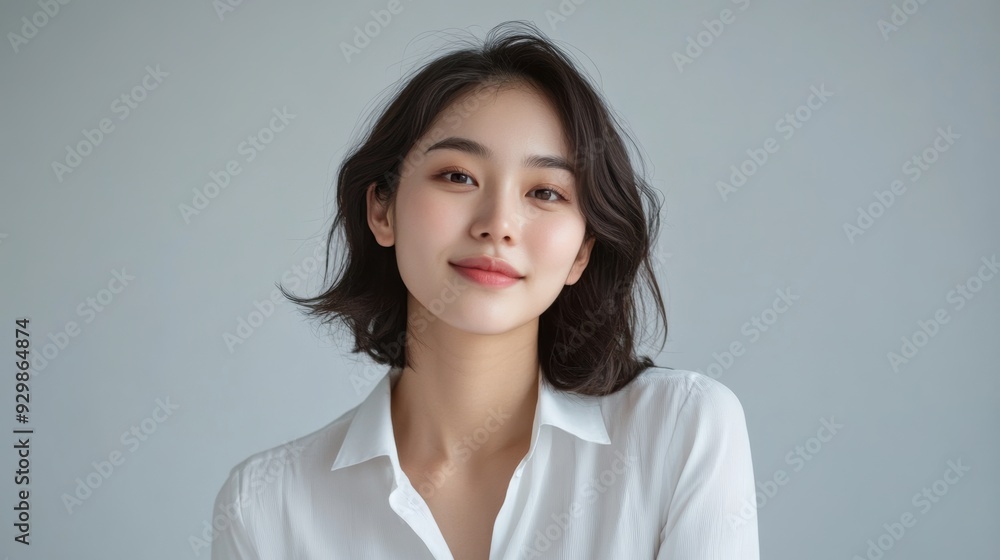 casual portrait features a young woman with straight hair and a soft smile, highlighted by a crisp white shirt and a bright, clean background. casual portrait features a young woman with straight hair and a soft smile, highlighted by a crisp white shirt and a bright, clean background.