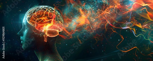 Glowing Brain with Abstract Streaks of Light