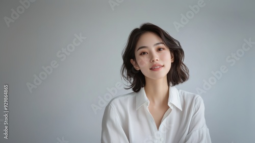 casual portrait features a young woman with straight hair and a soft smile, highlighted by a crisp white shirt and a bright, clean background.