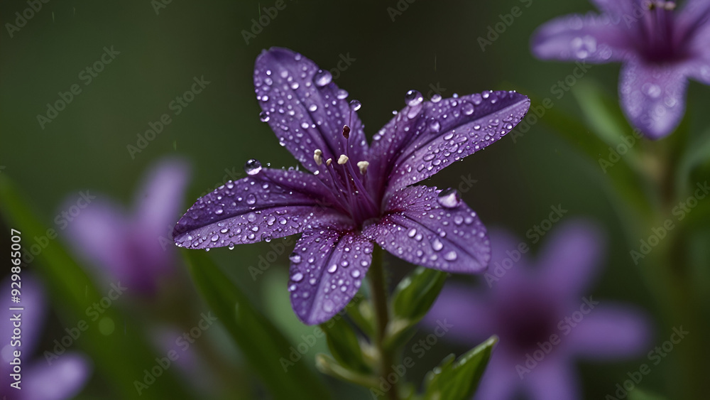 Close-up of a wet purple flowering plant in Bolingbrook, Illinois, USA, with water droplets on the petals. Close-up of a wet purple flowering plant in Bolingbrook, Illinois, USA, with water droplets on the petals.