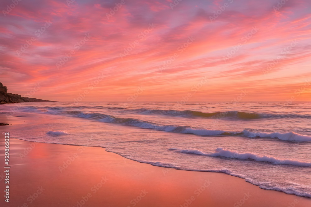 Obraz premium A peaceful beach at sunset with the sky painted in warm hues of orange and pink and gentle waves, AI Generated