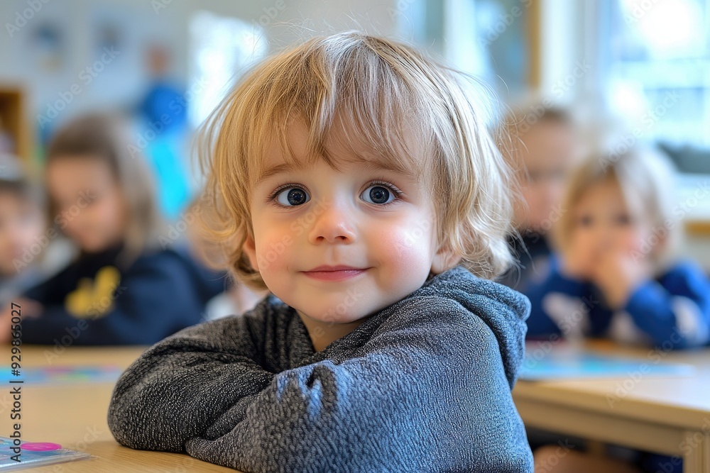 Portrait of blond boy sitting at table in kindergarten class Portrait of blond boy sitting at table in kindergarten class