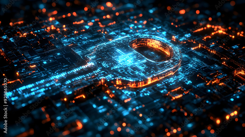 Digital lock symbol on a circuit board background representing security. Digital lock symbol on a circuit board background representing security.
