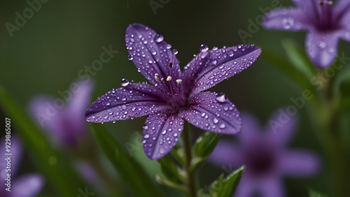 Close-up of a wet purple flowering plant in Bolingbrook, Illinois, USA, with water droplets on the petals. photo