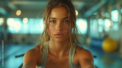 A woman rowing on a machine in a modern gym. her muscle definition and effort evident. sleek gym interior with mirrors and clean lines. strong directional lighting. hd quality. natural look. Free Download A woman rowing on a machine in a modern gym. her muscle definition and effort evident. sleek gym interior with mirrors and clean lines. strong directional lighting. hd quality. natural look. - GFXLoad