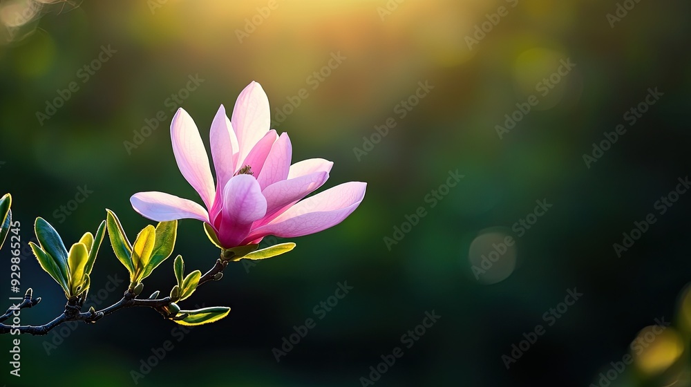 Fototapeta premium Delicate pink magnolia flower glowing in soft sunlight, set against a blurred green backdrop, symbolizing beauty and tranquility.