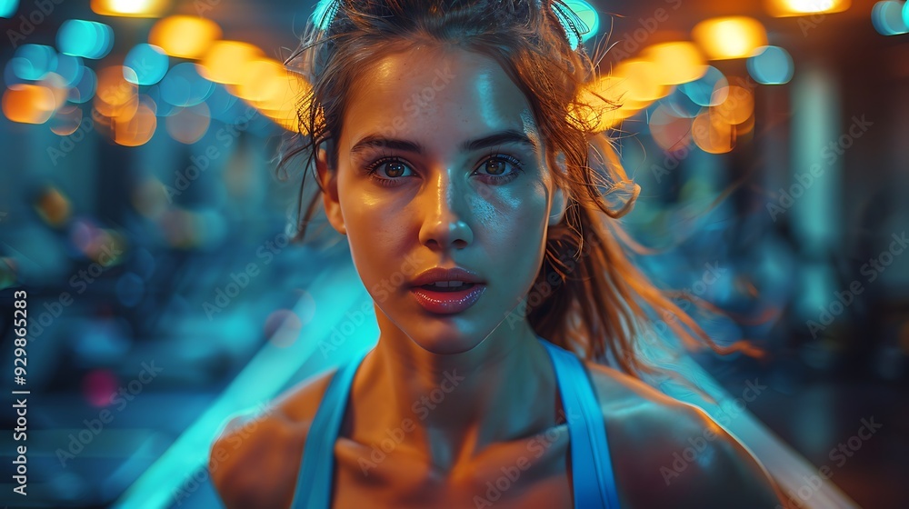 A woman sprinting on a treadmill in a gym. her muscle definition highlighted by dynamic lighting. sleek and modern gym setting. vibrant colors. captured with a sports photography lens. hd quality. A woman sprinting on a treadmill in a gym. her muscle definition highlighted by dynamic lighting. sleek and modern gym setting. vibrant colors. captured with a sports photography lens. hd quality.