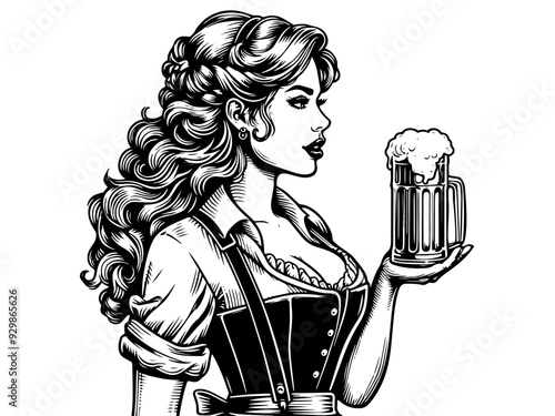 Retro-style illustration of a woman holding two glasses of beer. Vector, generative ai.
