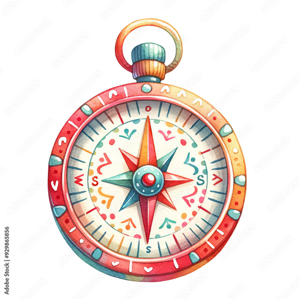 A colorful compass with a red and blue face and a white background A colorful compass with a red and blue face and a white background