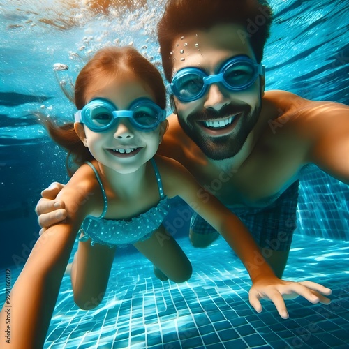 Wallpaper Mural A man dad and a girl daughter enjoy swimming underwater in a bright blue pool during a summer day Torontodigital.ca