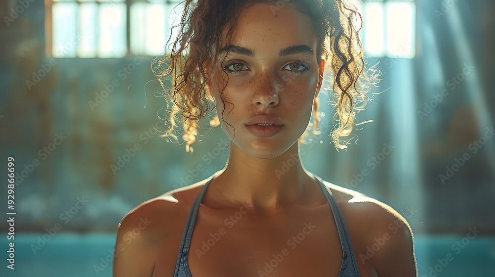 A close-up action shot of a woman holding a deep stretch. showcasing her intense focus and muscle definition. modern yoga studio with natural sunlight streaming in. A close-up action shot of a woman holding a deep stretch. showcasing her intense focus and muscle definition. modern yoga studio with natural sunlight streaming in.