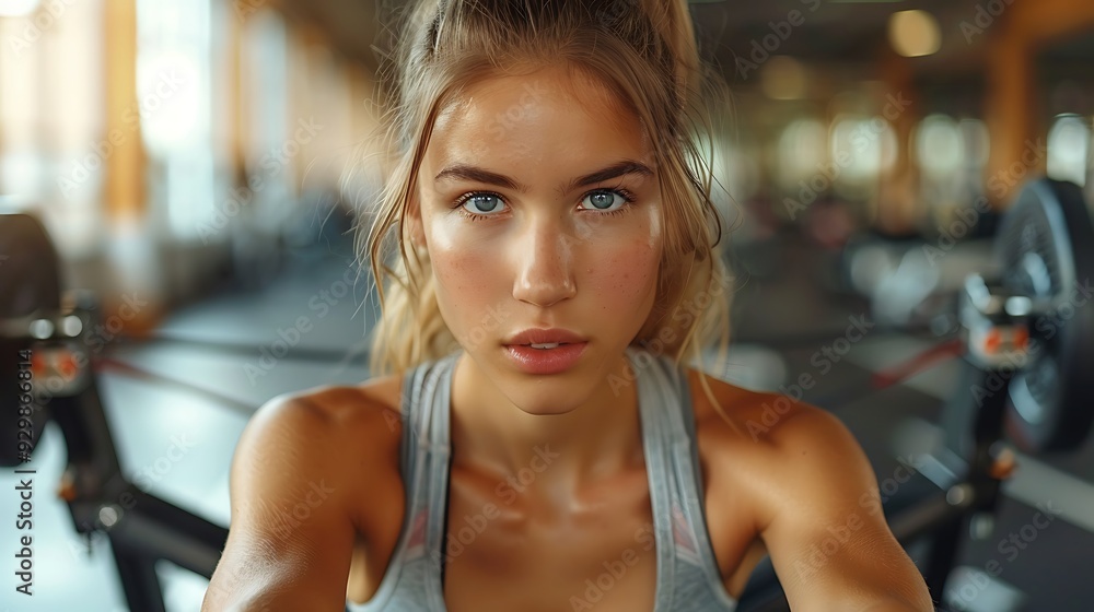 A close-up action shot of a woman on a rowing machine. showcasing her intense focus and full-body engagement. modern gym with natural sunlight streaming in. sharp details and high dynamic range. A close-up action shot of a woman on a rowing machine. showcasing her intense focus and full-body engagement. modern gym with natural sunlight streaming in. sharp details and high dynamic range.