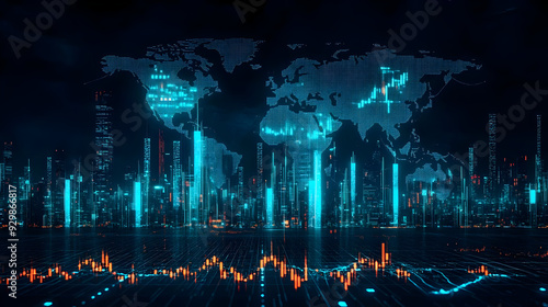 Digital world map with financial data visualization and city skyline.