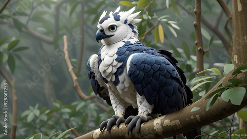 This shows two large, blue and white birds with spiky feathers, sitting on a branch.
