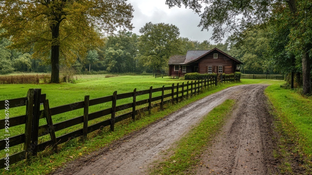 A wooden fence lines a dirt path leading to a log cabin nestled in a forest. A wooden fence lines a dirt path leading to a log cabin nestled in a forest.