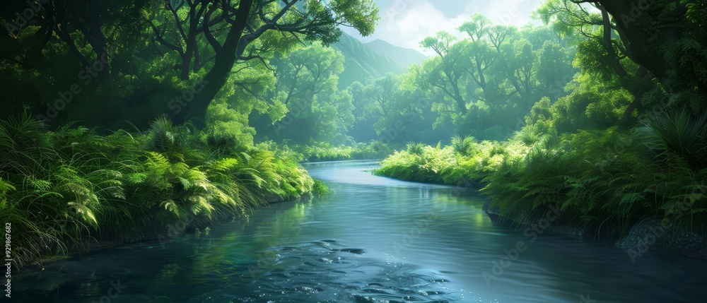 A painting of a river meandering through a dense, verdant forest teeming with tall trees and vibrant green grass on its banks A painting of a river meandering through a dense, verdant forest teeming with tall trees and vibrant green grass on its banks