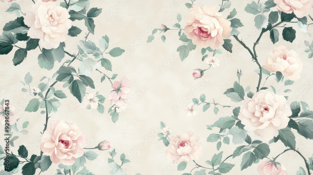 Fototapeta A floral pattern featuring soft pink roses and greenery on a light background.