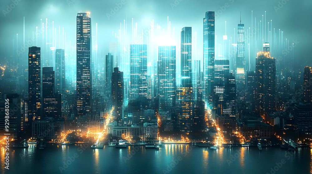Fototapeta premium Futuristic city skyline illuminated with digital elements.