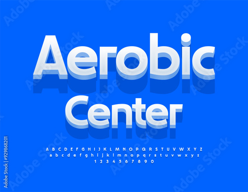 Vector artistic sign Aerobic Center. Elegant White Alphabet Letters and Numbers set. Bright Cool 3D Font.