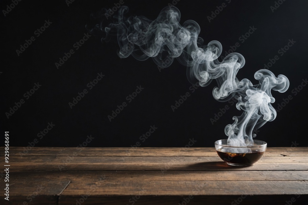 empty wooden table with smoke float up on dark background empty wooden table with smoke float up on dark background
