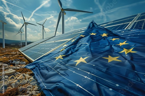 EU flag on the background of wind engines and solar panels, alternative eco-friendly energy sources, renewable energy