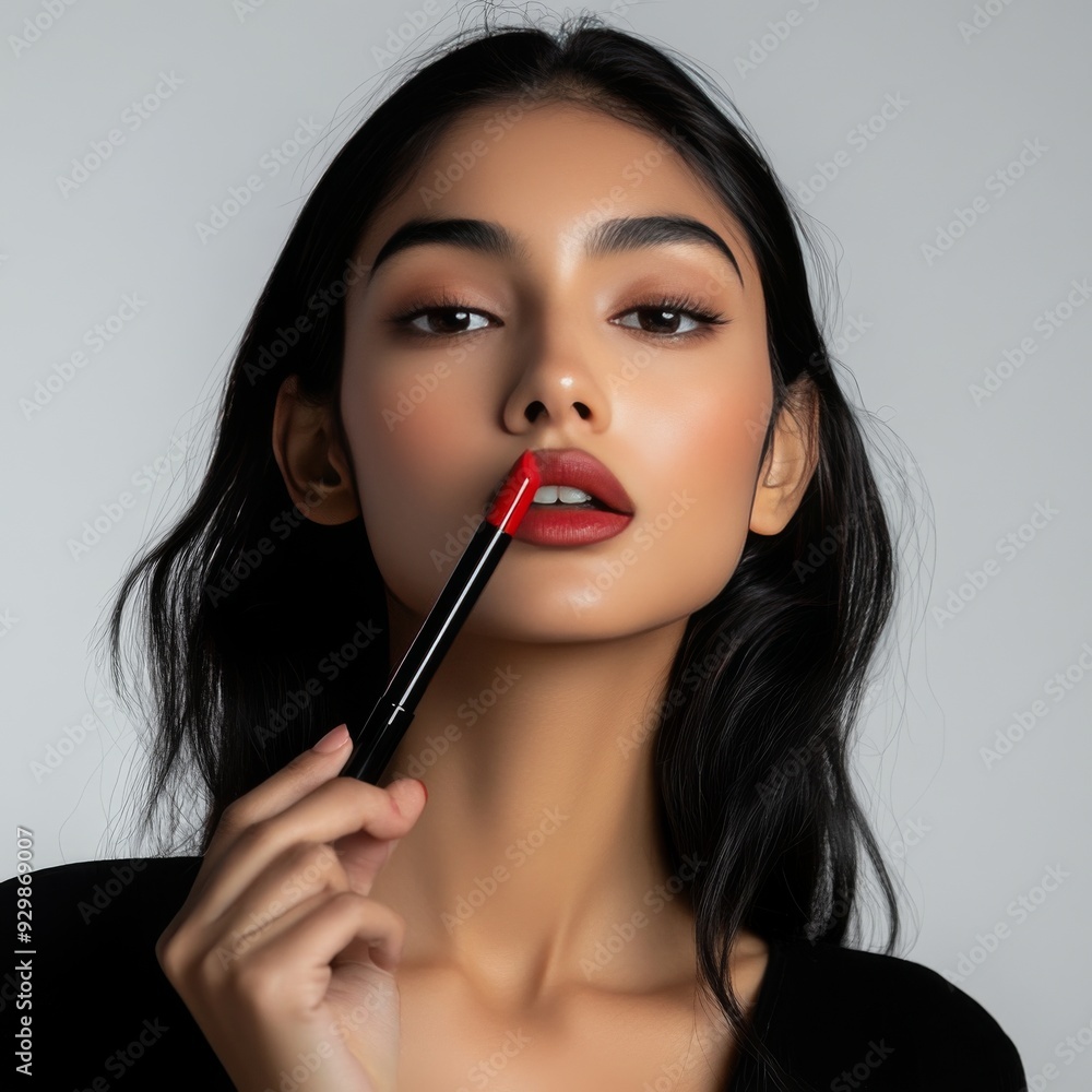 Fair-Skinned Indian Girl with Liquid Lipstick, Long Shot Portrait generative ai Fair-Skinned Indian Girl with Liquid Lipstick, Long Shot Portrait generative ai