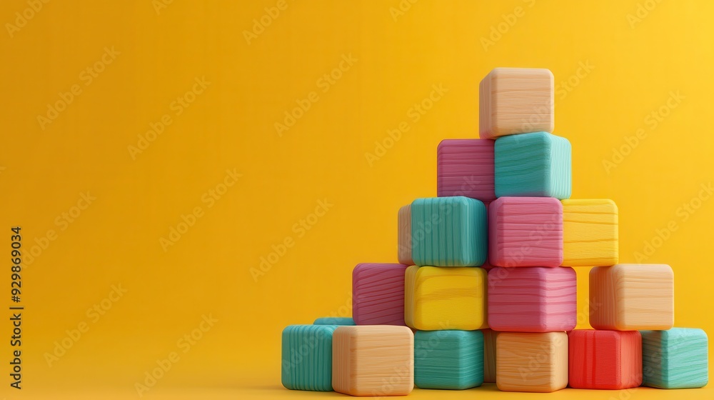 Colorful Wooden Blocks Stacked in a Pyramid on Yellow Background Colorful Wooden Blocks Stacked in a Pyramid on Yellow Background