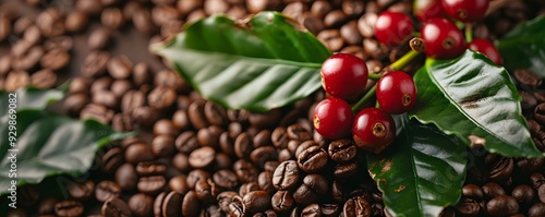 Coffee Beans with Red Coffee Cherries and Green Leaves