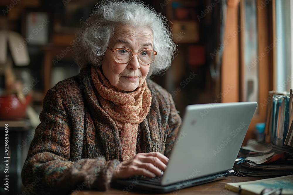 An elderly woman in glasses and a warm scarf uses a laptop in a cozy, warmly lit environment, appearing content.
An elderly woman in glasses and a warm scarf uses a laptop in a cozy, warmly lit environment, appearing content.