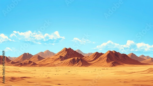 Brown desert landscape with mountains under blue sky, To convey a sense of vastness and aridness in a visually appealing way, suitable for travel,