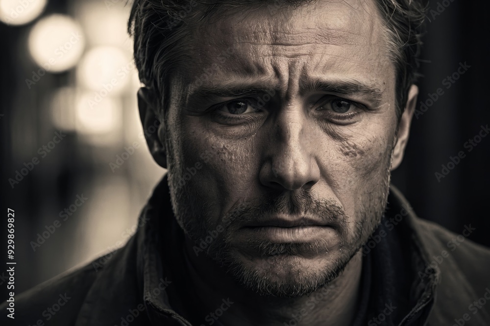 Pensive man with scruffy beard in close-up portrait Pensive man with scruffy beard in close-up portrait