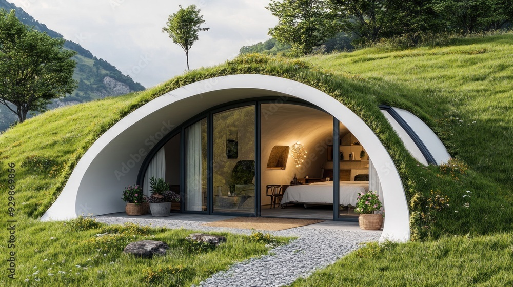 Fototapeta premium Modern, white, semi-circular home with large windows, nestled into a grassy hillside. A stone path leads to the front door.