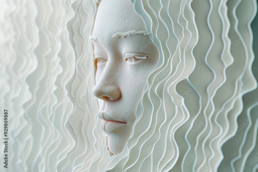 An intricate artwork features a human face crafted from layered, textured paper creating a wavy effect An intricate artwork features a human face crafted from layered, textured paper creating a wavy effect