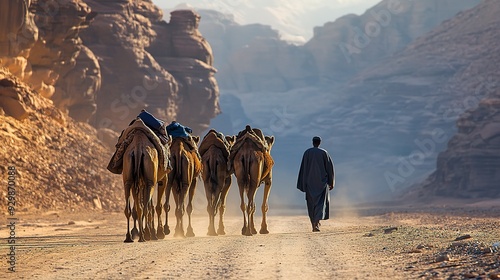 Wallpaper Mural Man is leading camels in the desert Torontodigital.ca