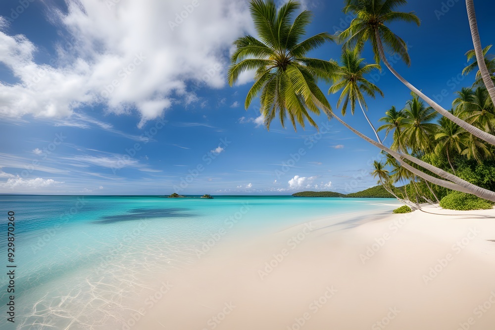 A tropical paradise with crystal clear water palm trees swaying in the breeze and a pristine sandy, AI Generated A tropical paradise with crystal clear water palm trees swaying in the breeze and a pristine sandy, AI Generated