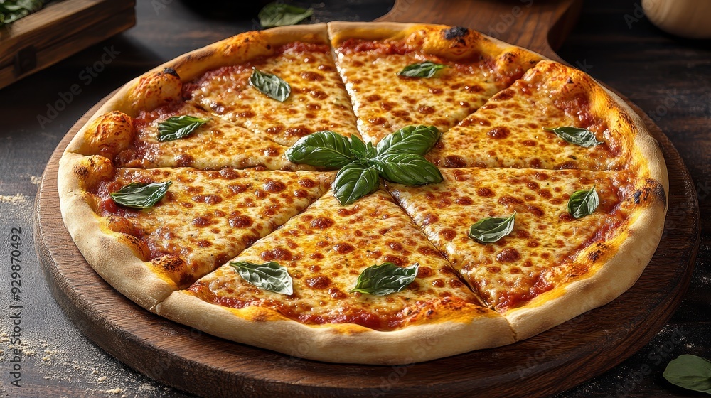 Delicious Cheese Pizza with Basil on Wooden Board Perfect for Lunch or Dinner Delicious Cheese Pizza with Basil on Wooden Board Perfect for Lunch or Dinner