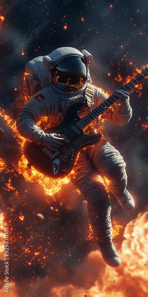 Astronaut is floating in space surrounded by cosmic fire playing an electric guitar Astronaut is floating in space surrounded by cosmic fire playing an electric guitar