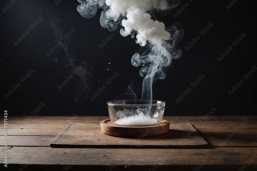 Empty wooden table with smoke float up on dark background for showing or design backdrop Empty wooden table with smoke float up on dark background for showing or design backdrop